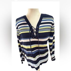 Croft & Barrow Tie Front Blue Striped Sweater Women’s Size XL